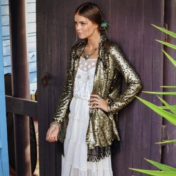 Free People Gold Distressed Metal Sequin Lace Stardust Kimono Jacket XS